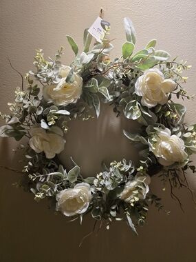 NWT Bloom Room 20" Spring Floral Wreath Faux Ivory Roses Eucalyptus Lambs Ear